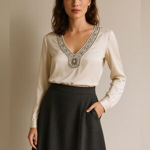 100% Silk La Senza Beaded V-Neck Blouse – Cream & Silver, Size L